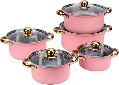 Cookware Set Stainless Steel, 5 Piece Pot Set with Glass Lids Ranging 16cm to 24cm for Boiling Simmering Frying, Dual Handle Easy Grip (Pink)
