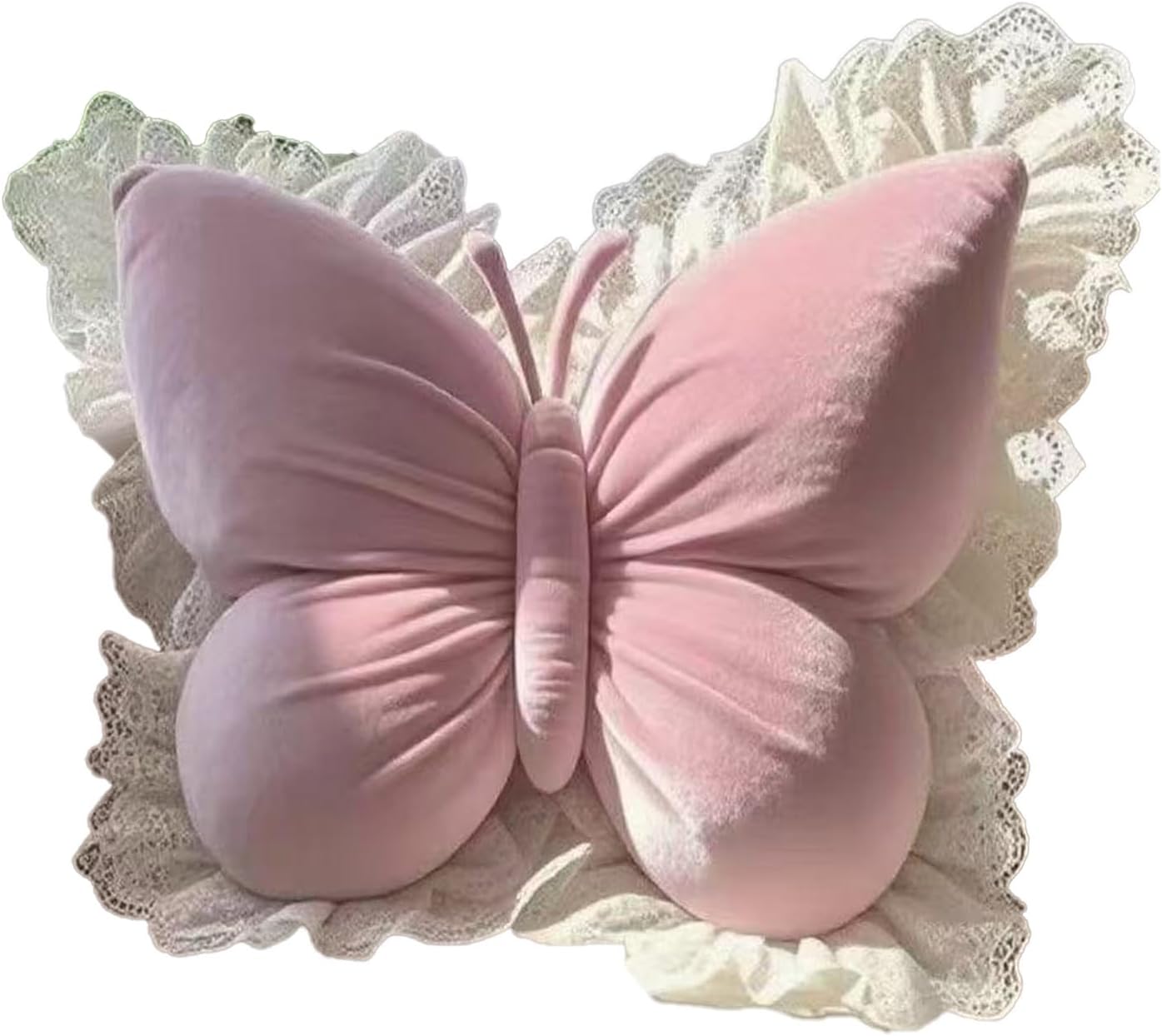 Butterfly Throw Pillow with Lace Edge, 20 inch Velvet Butterfly Decorative Pillow, Animal Pillow for Couch Living Room Bed,Home Decor, Office Chair, Car Seat (Pink)