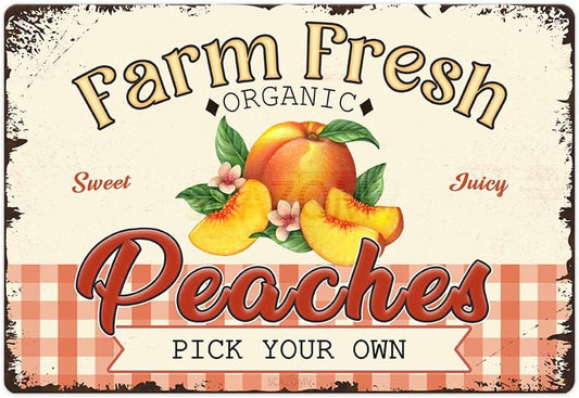 Farm Fresh Sweet Juicy Peaches Vintage Metal Tin Sign, Retro Fruit Poster Decorative Wall Art Signage, Farmhouse Country Market Kitchen Bar Home Decor, 12" X 8"