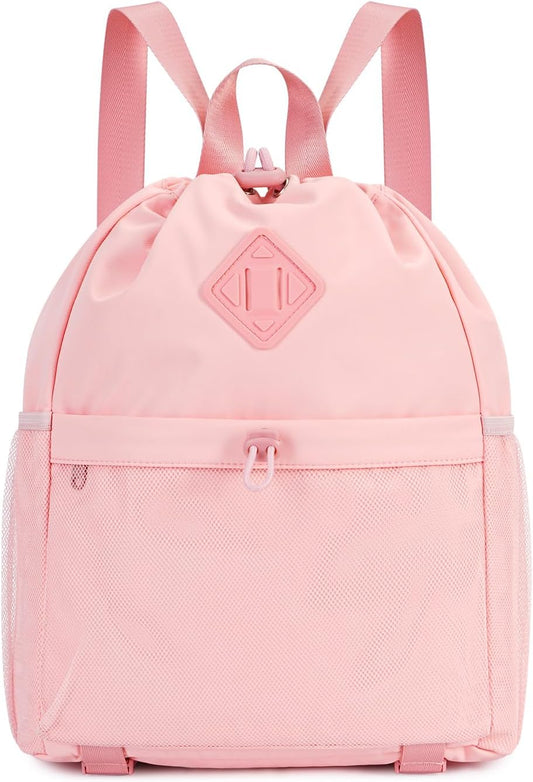 WANDF Drawstring Backpack for Women, Lightweight Gym Bag with Yoga Mat Strap, Water-Resistant String Backpack with Mesh Pocket (Pink, Patent Pending)
