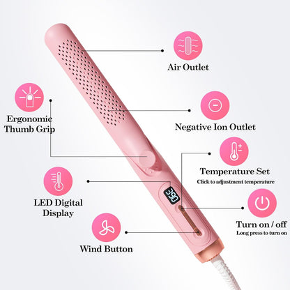 Hahahope Airflow 2 in 1 Straightener and Curler- 360° Airflow Styler Curling Iron, 1.25" Flat Iron Hair Straightener and Curler 2 in 1 for Short Long Hair, 5 Temps,Dual Voltage,Light Pink