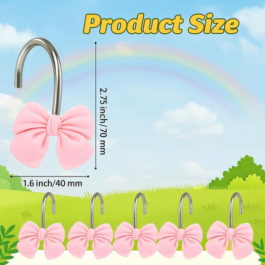 12 Pink Bow Resin Shower Curtain Hooks - Cute Bathroom Decor for Girls, Princesses and Glam Style