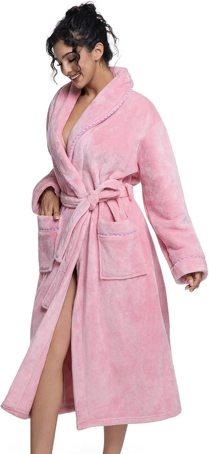 Womens Long Fleece Robe Soft Plush Robes for Women Warm Bathrobes Comfy House Coat Full-length with Pocket