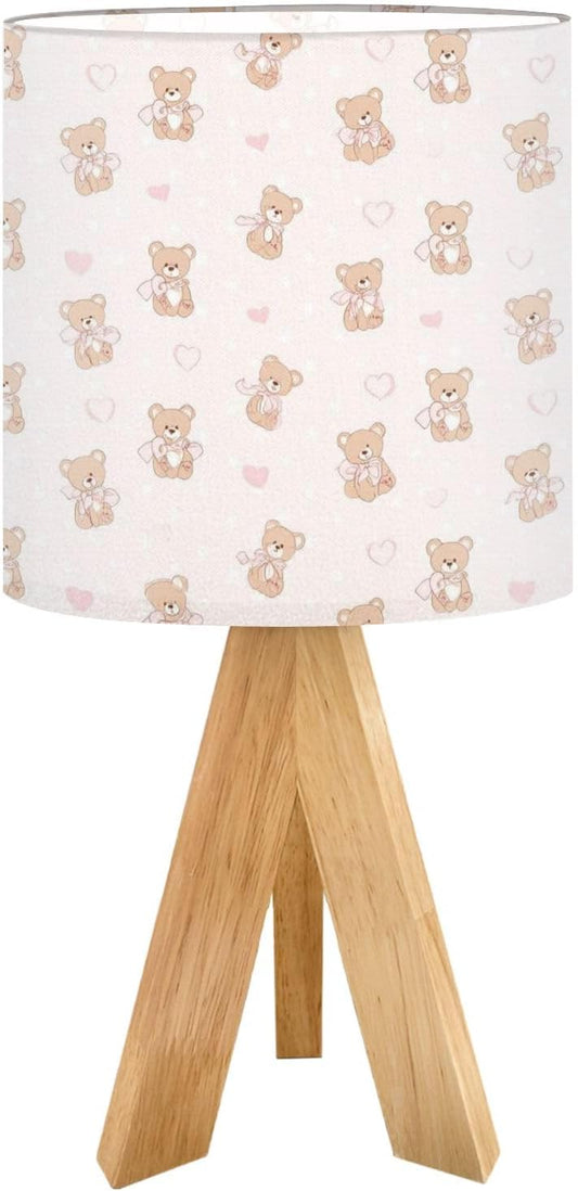 Cute Kids Bedside Desk Table Lamp Coquette Teddy Bear Pink Ribbon Bow Seamless Light Pink Children Nightstand Lamp, Tripod Small Night Lights Linen for Nursery Room Bedroom Dorm Decor