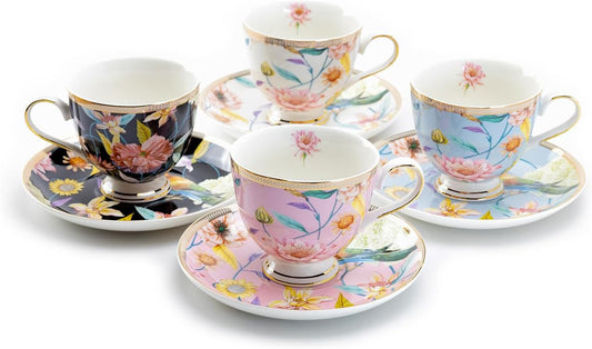 Grace Teaware 4 Assorted Color Spring Flowers with Hummingbird Fine Porcelain Tea Cup and Saucer Sets, Pink, Blue, Black and White