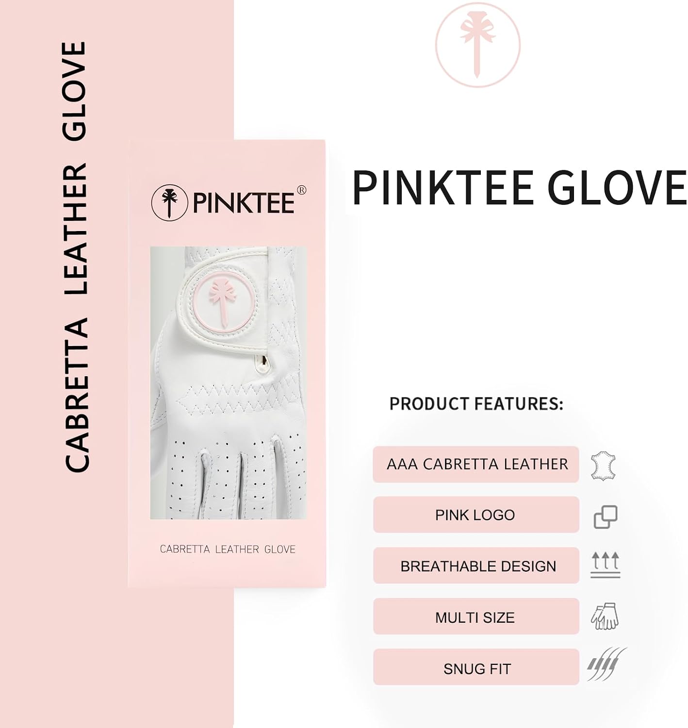 PINKTEE Women's Golf Glove Cabretta Leather Left Hand with Enhanced Grip Ladies Soft Pink Glove Fit Size Small Medium Large XL