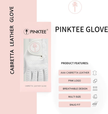 PINKTEE Women's Golf Glove Cabretta Leather Left Hand with Enhanced Grip Ladies Soft Pink Glove Fit Size Small Medium Large XL