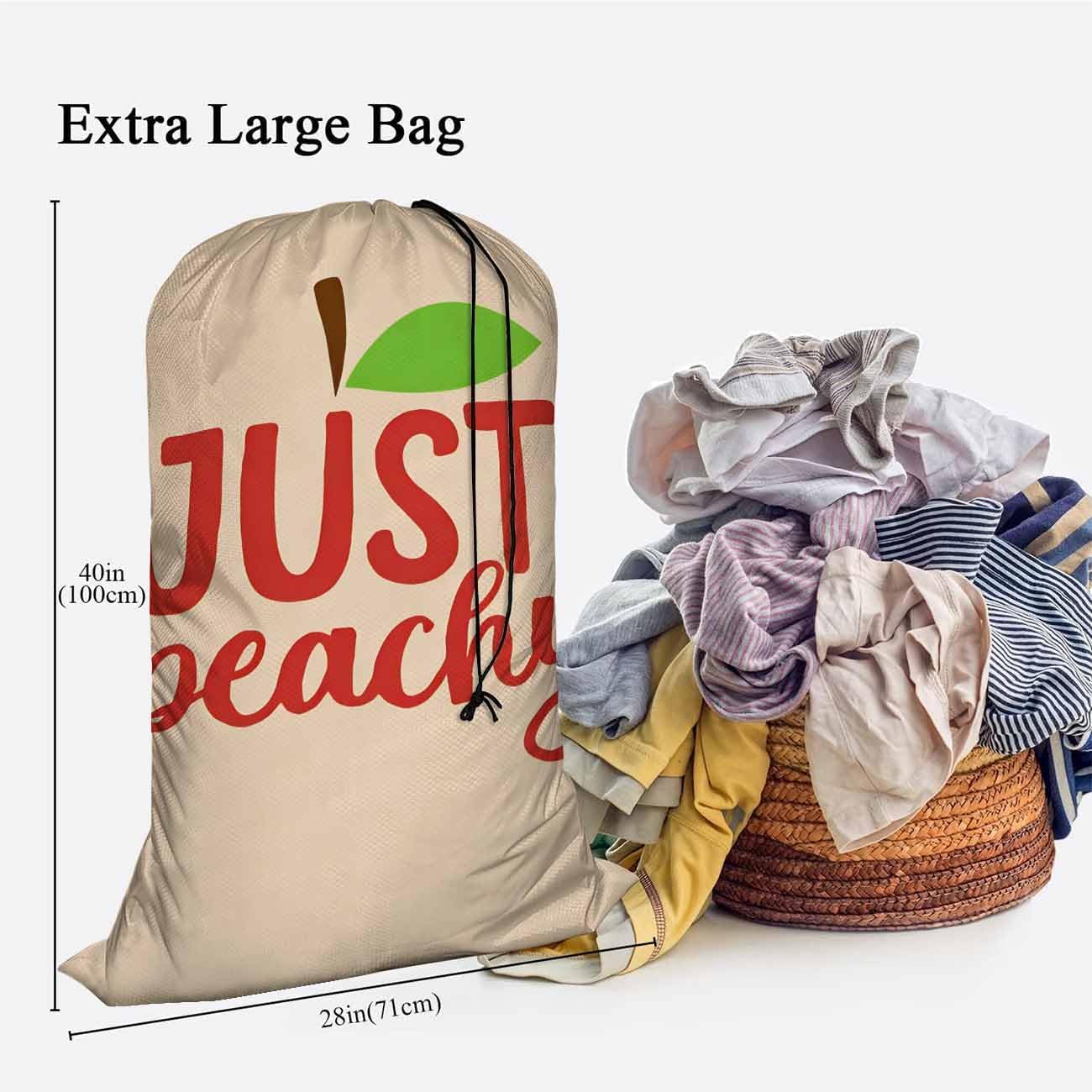 Swono Peach Heavy Duty Large Laundry Bags 1 Pack 28 x 40 inch Just Peachy Quote Word Hand Lettering Leaf Fruit XL Drawstring Travel Organizer Bag Fit Hamper Basket Camp Home College Dorm Tear