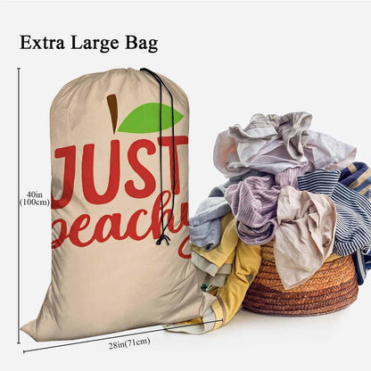 Swono Peach Heavy Duty Large Laundry Bags 1 Pack 28 x 40 inch Just Peachy Quote Word Hand Lettering Leaf Fruit XL Drawstring Travel Organizer Bag Fit Hamper Basket Camp Home College Dorm Tear