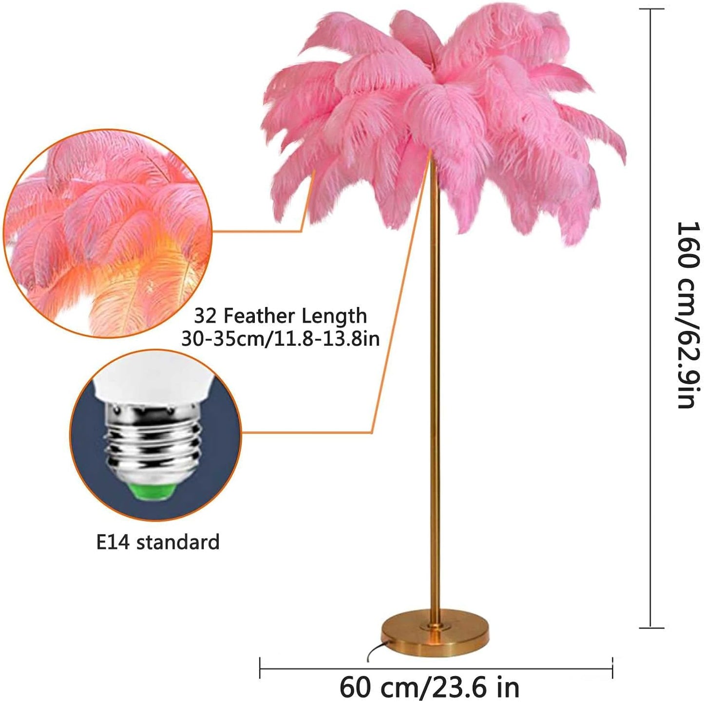 Elegant Nordic Natural Ostrich Feather Floor Lamps,Palm Tree Standing Light, Living Room Office Princess Bedroom Bedside Lamp, Decor Lighting (Pink)