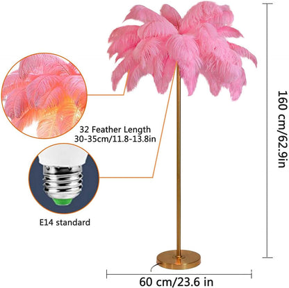 Elegant Nordic Natural Ostrich Feather Floor Lamps,Palm Tree Standing Light, Living Room Office Princess Bedroom Bedside Lamp, Decor Lighting (Pink)