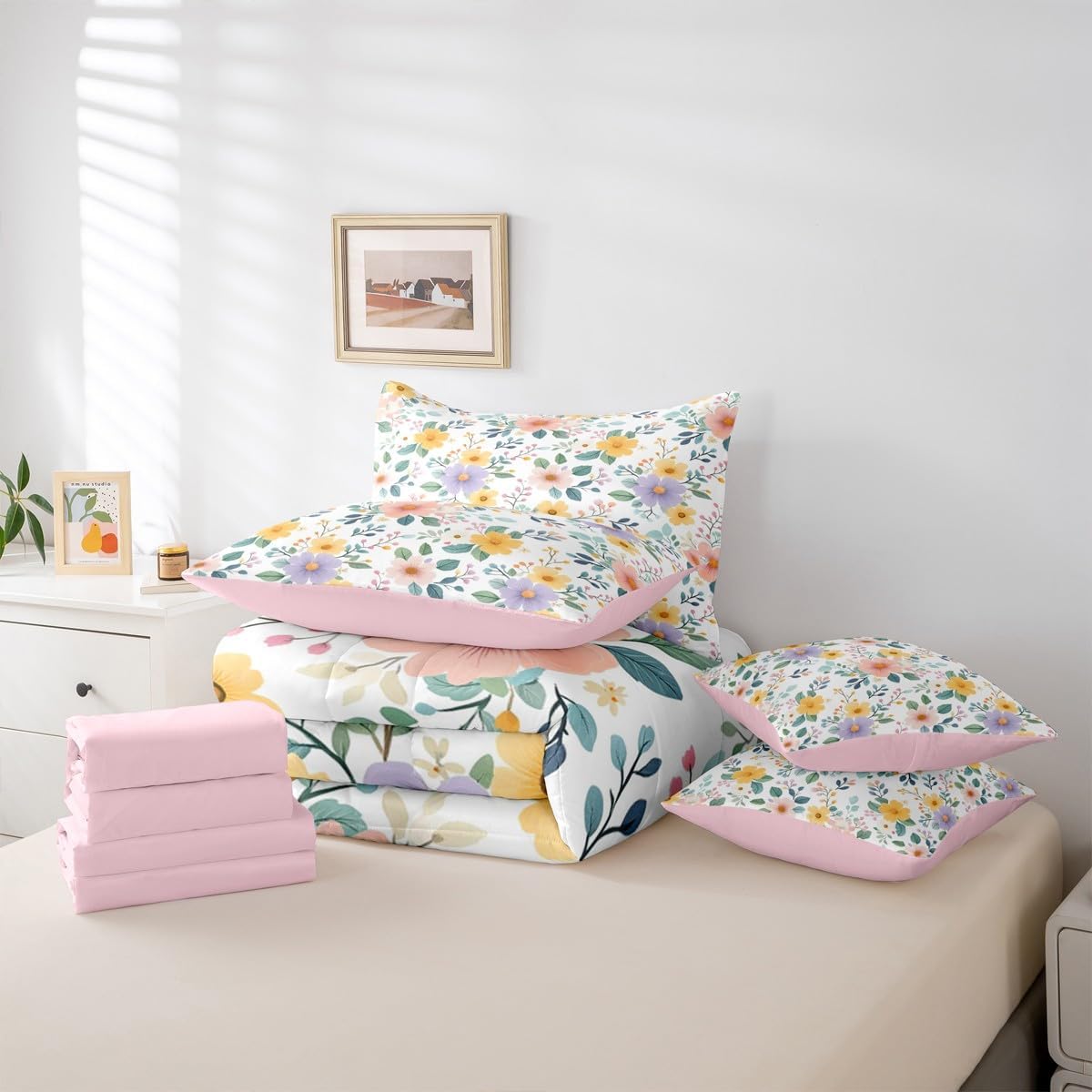 Erosebridal Floral 7 Piece Bedding Set Queen Peach Blossom Comforter Set with Sheets Colorful Flowers Hand Drawn Bed in a Bag Pink Black Botanical for Kids Girls Women