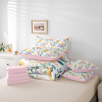 Erosebridal Floral 7 Piece Bedding Set Queen Peach Blossom Comforter Set with Sheets Colorful Flowers Hand Drawn Bed in a Bag Pink Black Botanical for Kids Girls Women