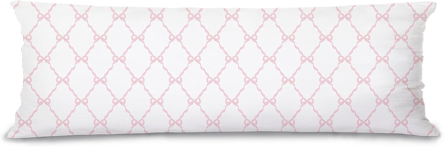 Coquette Preppy Pink Bow 20x54 Body Pillow Cover Case, Pink Coquette Room Decor, Preppy Room Dorm Decor, Girly Ribbon Grid Decorative Long Hug Pillow Cases for Bed Couch