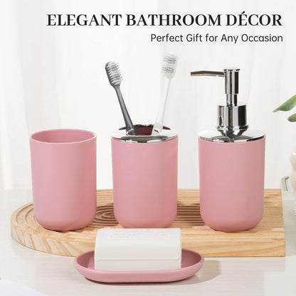 Bathroom Accessory Set, 4 Pcs Plastic Bathroom Set Include Soap Dispenser, Soap Dish, Toothbrush Holder, Mousewash Cup, Modern Bahtroom Décor Set, Space Save for Bathroom(Light Pink)