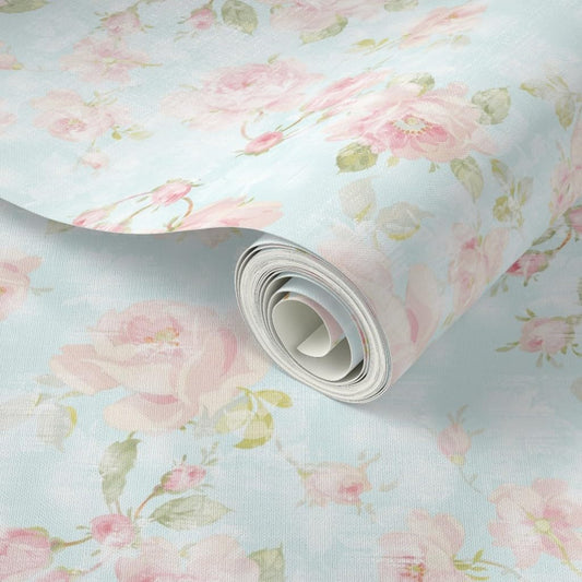 Spoonflower Peel & Stick Wallpaper Swatch - Romantic Rose Shabby Chic Retro 90S Pink Floral Faded Blue Pastel Chintz Cottagecore Custom Removable Wallpaper