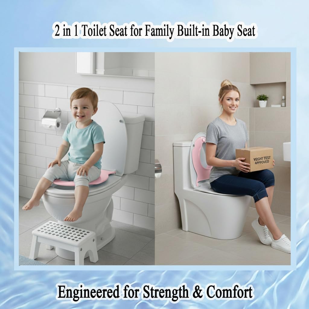MinSha Elongated V/U Toilet Seat with Built-in Child Seat, 2-in-1 Family Potty Training Seat with Quiet Soft Close, Removable Toddler Seat, Durable PP Material, Easy to Clean & Install, 18.1 in (Pink)