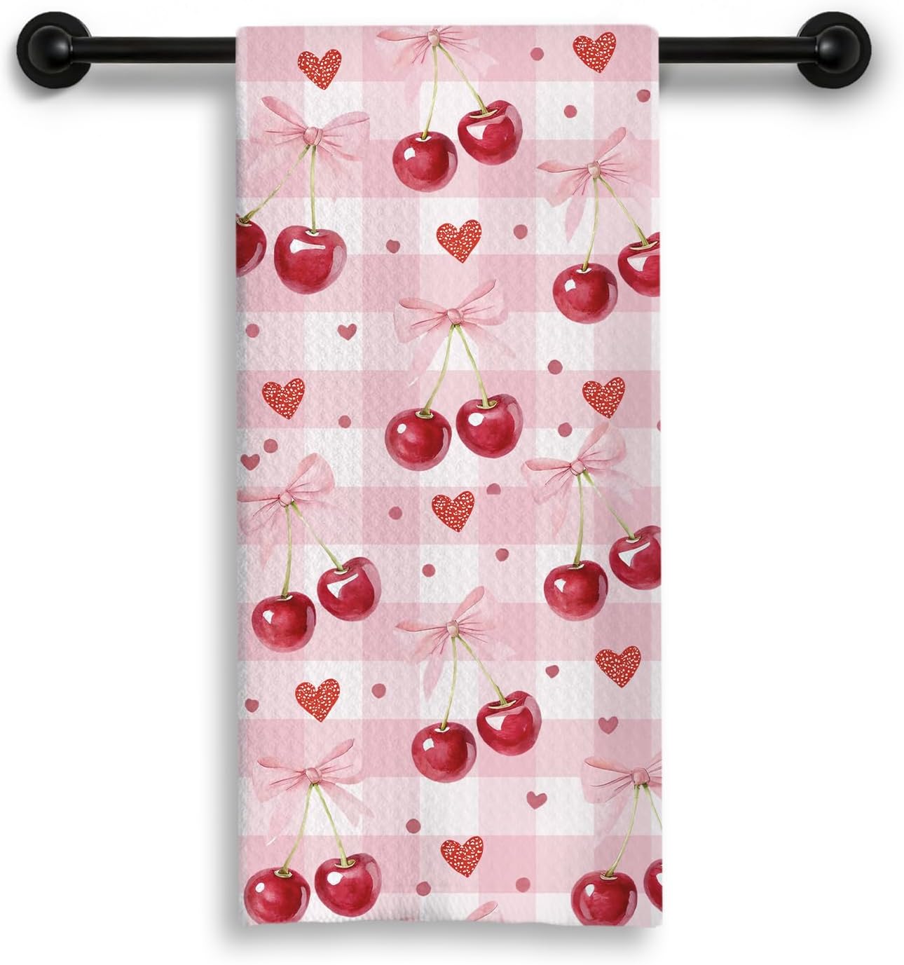 Pink Bow Cherry Checkered Kitchen Dish Towels, Cherry Gifts for Women, Preppy Girly Valentine's Day Plaid Decorative Hand Tea Towels for Kitchen Bathroom, 16x24 Inch