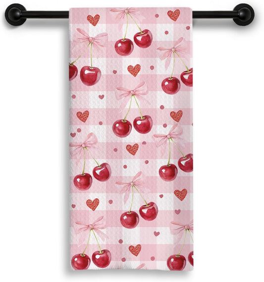 Pink Bow Cherry Checkered Kitchen Dish Towels, Cherry Gifts for Women, Preppy Girly Valentine's Day Plaid Decorative Hand Tea Towels for Kitchen Bathroom, 16x24 Inch