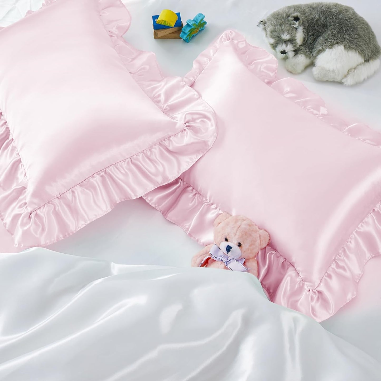 Entisn Ruffle Satin Toddler Pillowcase Set of 2, 13 x 18 Inch Toddler Silky Pillow Covers with Envelope Closure, Anti Wrinkle Soft Travel Pillow Case Nursery Pillow Sham for Girls, Boys (Baby Pink)