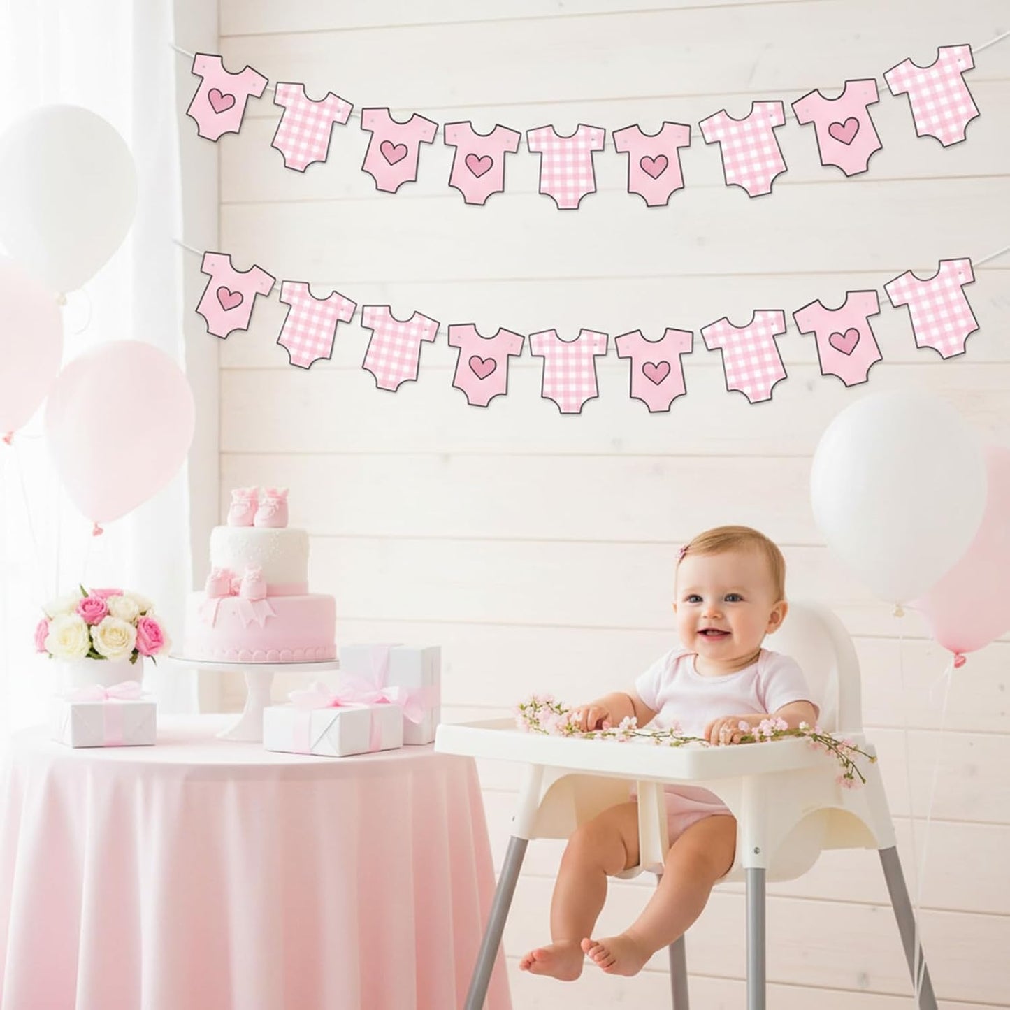 4 Pack Baby Shower Banner, Bodysuit Pink Baby Shower Decorations for Girl, Boy Girl Pink Bodysuit Banner Paper Garland Party Decor Supplies for Birthday Baby Gender Reveal Decorations Photo Props
