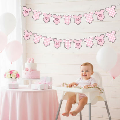 4 Pack Baby Shower Banner, Bodysuit Pink Baby Shower Decorations for Girl, Boy Girl Pink Bodysuit Banner Paper Garland Party Decor Supplies for Birthday Baby Gender Reveal Decorations Photo Props