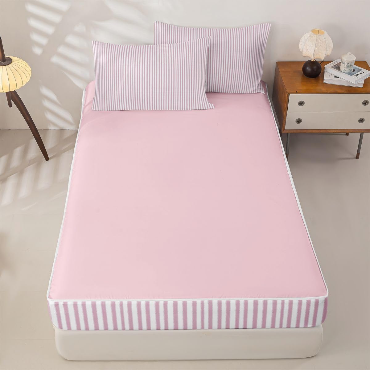 Erosebridal Abstract Striped Light Pink Zipper Comforter Set Full Lines Stripe Bedding Set with Comforters, Sheets, Pillowcases Pinstripe Bed in a Bag Modern Simple Style Bedroom Decor