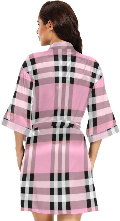 Black White Pink Checkered Plaid Womans Bathrobe Classic Womans V Neck Nightshirt for Home Beach