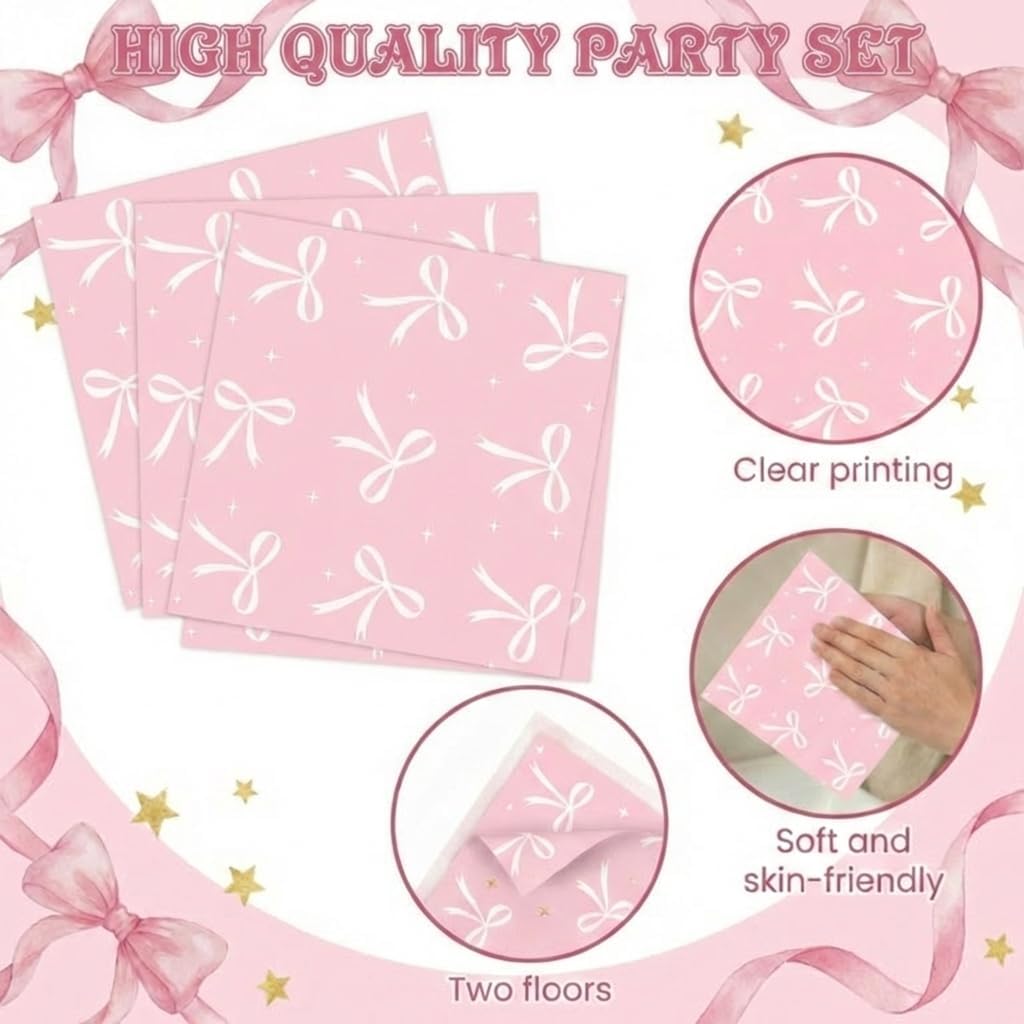 ArtSocket 96 Pcs Pink Bow Party Decorations Tableware Set, Coquette Disposable Dessert Plates Napkins Forks for Table Decorations Favors for Kids Girls Baby Shower Birthday Party Serve 24 Guests