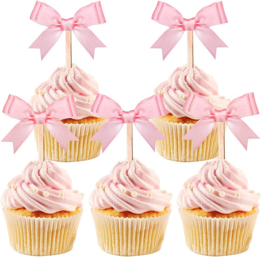 24Pcs Pink Bow Cupcake Toppers Pink Bow Birthday Decorations for Coquette Bridal Baby Shower Wedding Themed Party Decorations Supplies (pink)