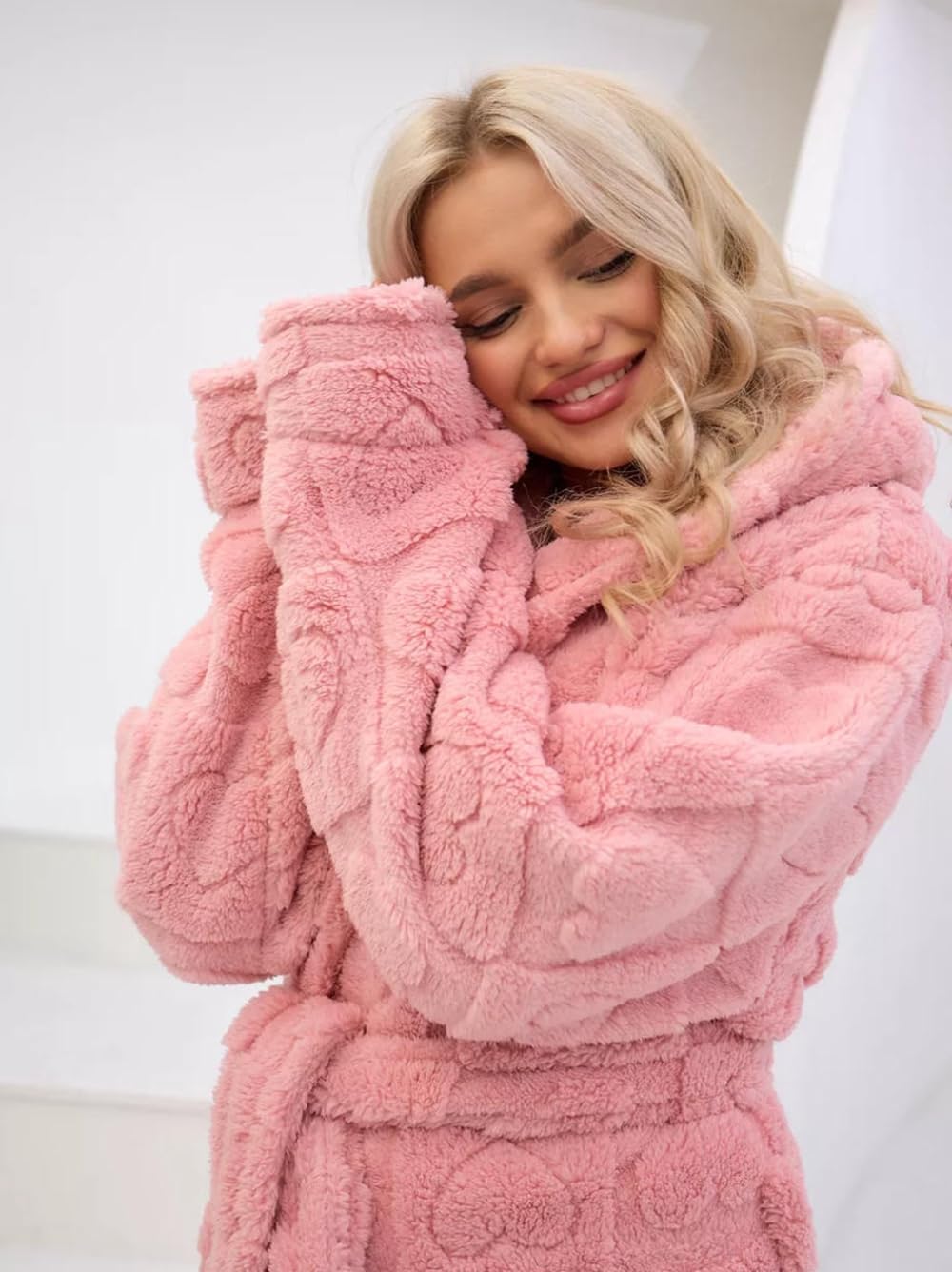 codcm Women Hooded Plush Bathrobe Heart Pattern Long Fluffy Fleece Robes Flannel House Robe
