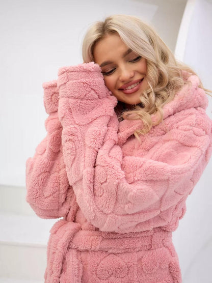 codcm Women Hooded Plush Bathrobe Heart Pattern Long Fluffy Fleece Robes Flannel House Robe