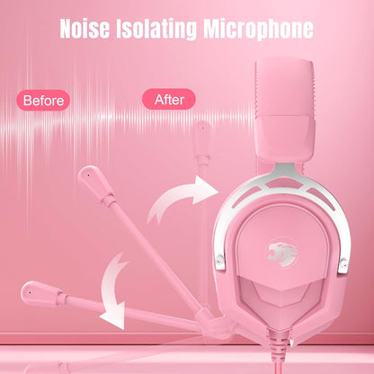 K98 Gaming Headset with Mic, Wired Over Ear Headphones for PC, PS5, PS4, Xbox One, 50mm Stereo Surround Sound, Aluminum Frame, Memory Foam Ear Cushions, Noise Cancelling Mic (Pink)