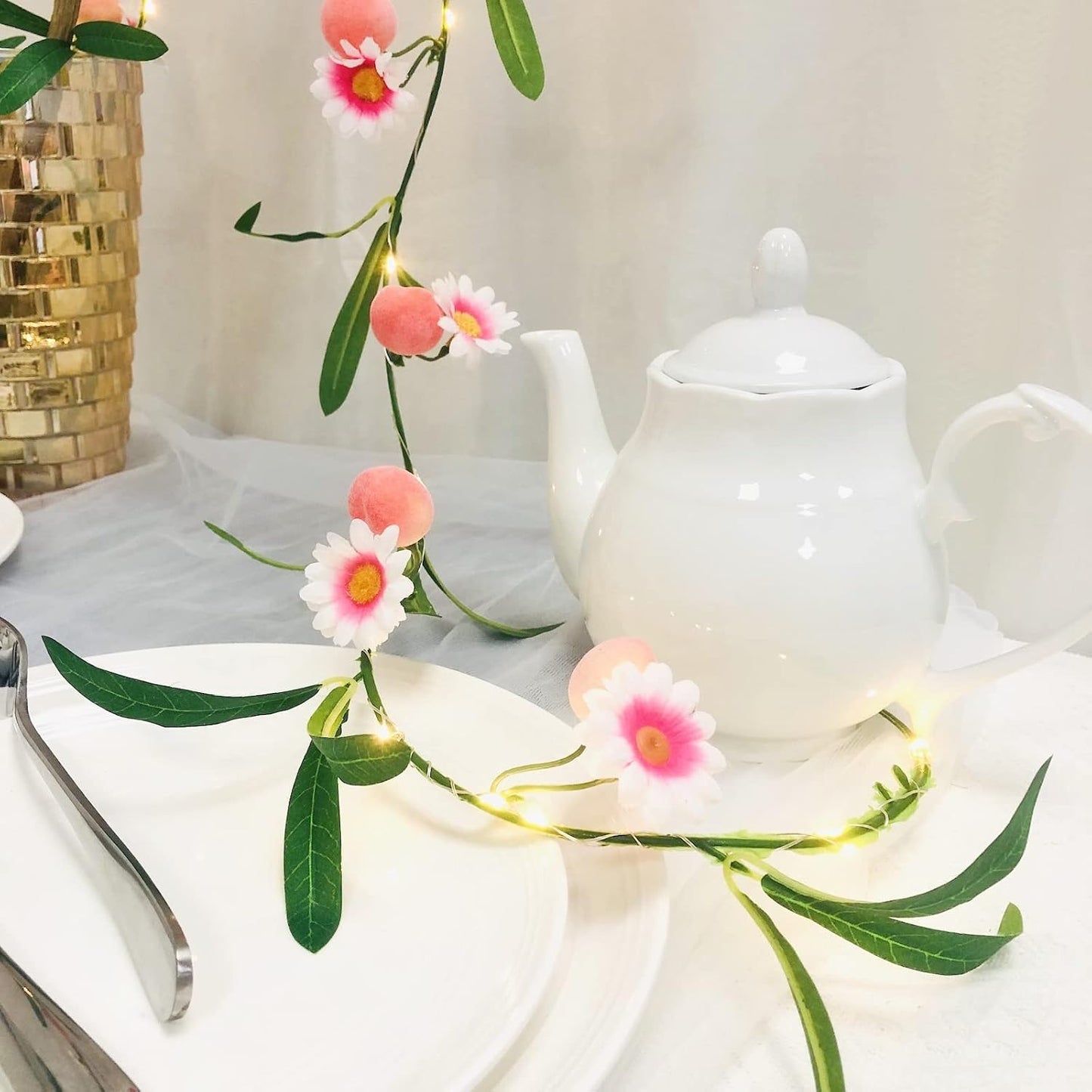 Simulation Peach String Lights Hanging Vine Plant Peach Garland Artificial Fruit Peach Pink Flower Fairy Light Battery Powered for Home Garden Wedding Party Decor (2 Pack, Pink Peach)