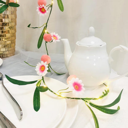 Simulation Peach String Lights Hanging Vine Plant Peach Garland Artificial Fruit Peach Pink Flower Fairy Light Battery Powered for Home Garden Wedding Party Decor (2 Pack, Pink Peach)