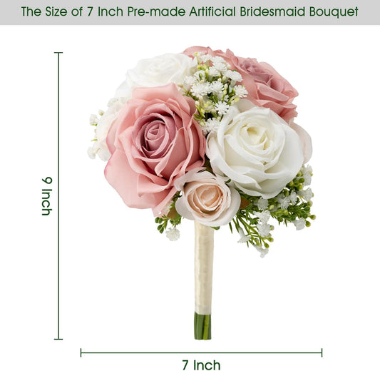 Wedding Bridesmaid Bouquets Set of 6, Artificial Silk Flowers Arrangement for Ceremony Marriage Proposal Party Anniversary Decorations - Dusty Pink & White
