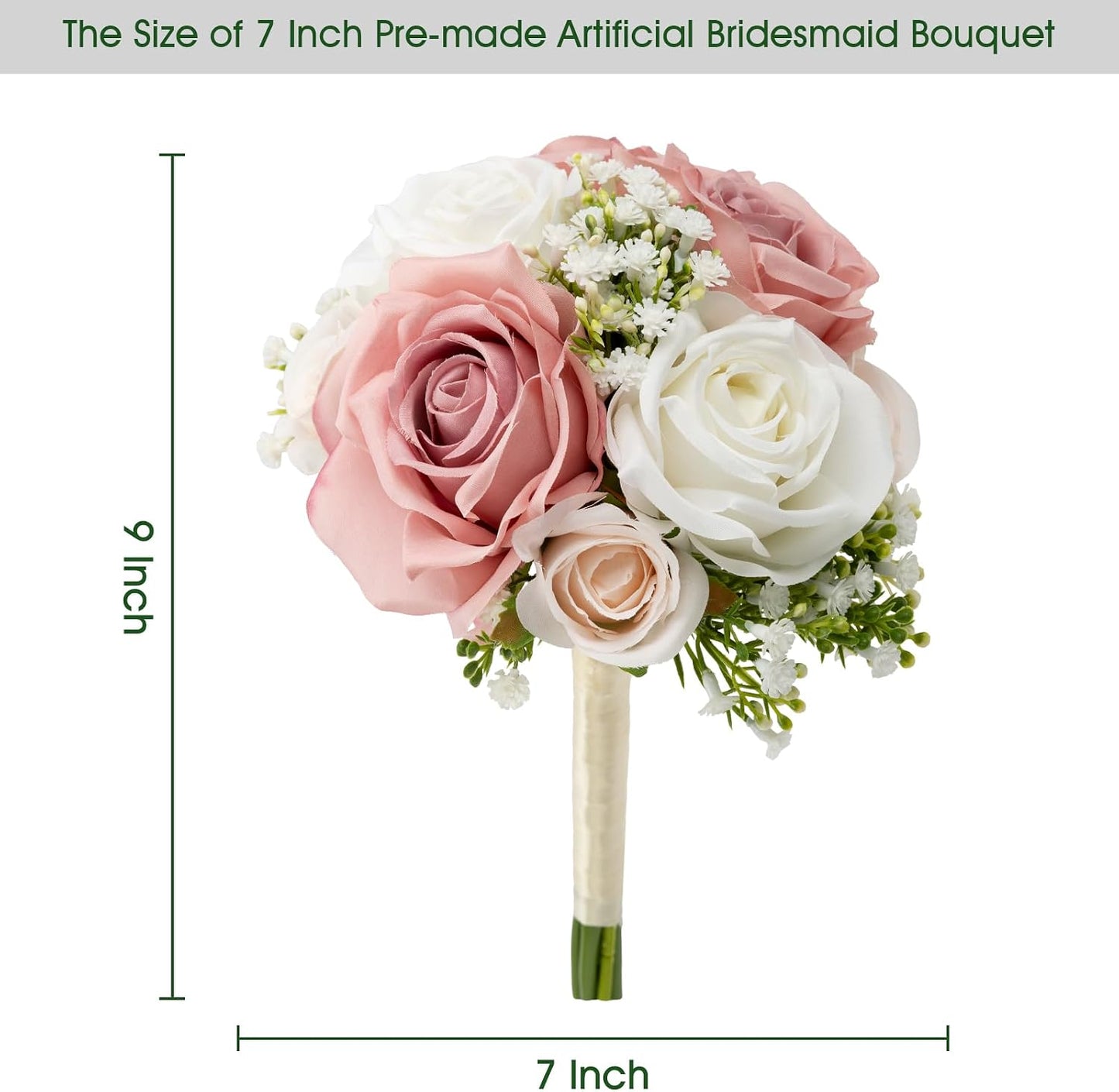 Wedding Bridesmaid Bouquets Set of 2, Artificial Silk Flowers Arrangement for Ceremony Marriage Proposal Party Anniversary Decorations - Dusty Pink & White
