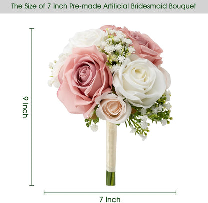 Wedding Bridesmaid Bouquets Set of 2, Artificial Silk Flowers Arrangement for Ceremony Marriage Proposal Party Anniversary Decorations - Dusty Pink & White
