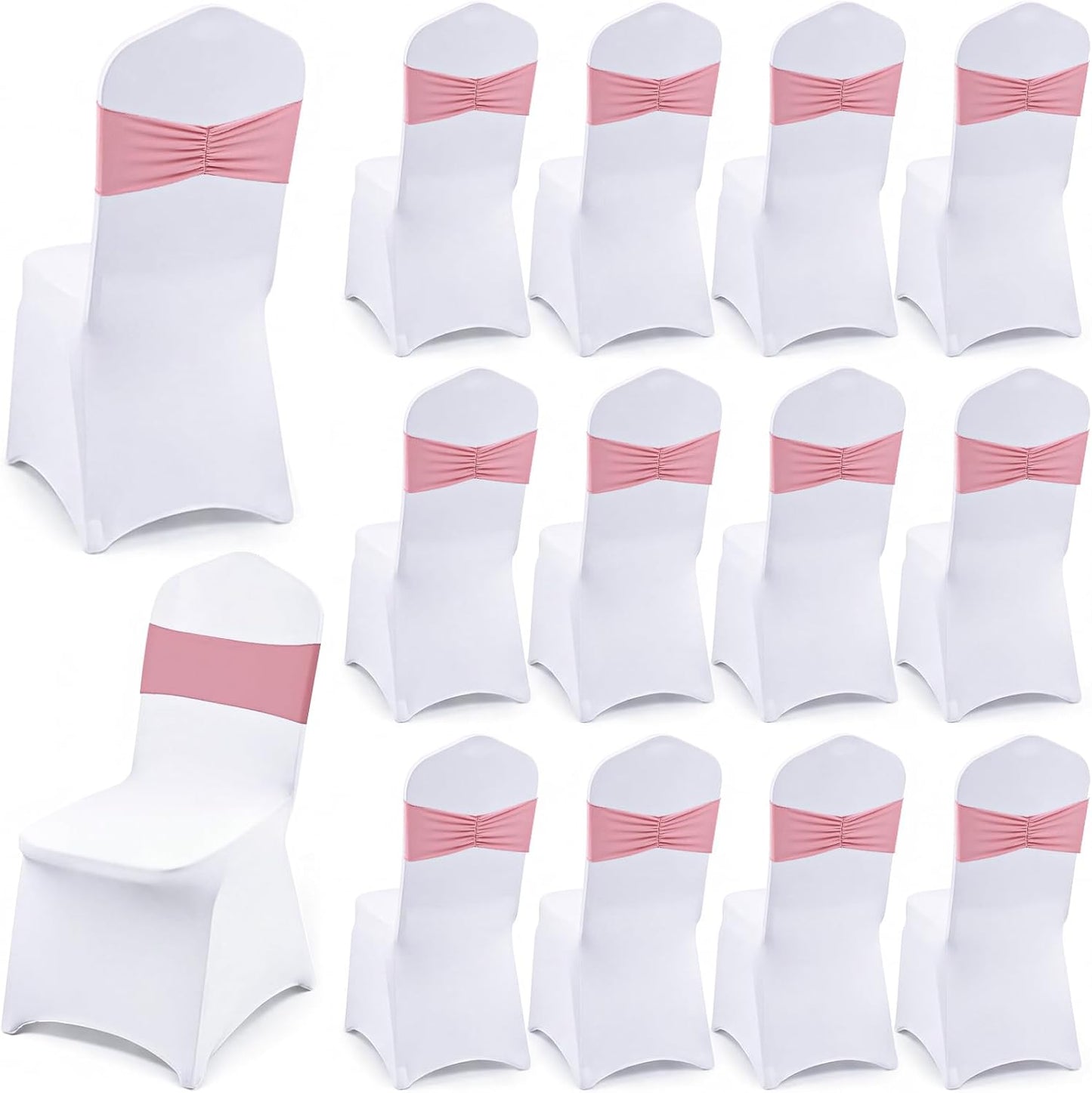 Moukeren 24 Pcs Folding Chair Cover Set with 12 White Spandex Stretch Slipcovers 12 Bows Chair Sashes Washable Chairs Protectors for Wedding Party Banquet Anniversary Events Dining Decor(Pink)