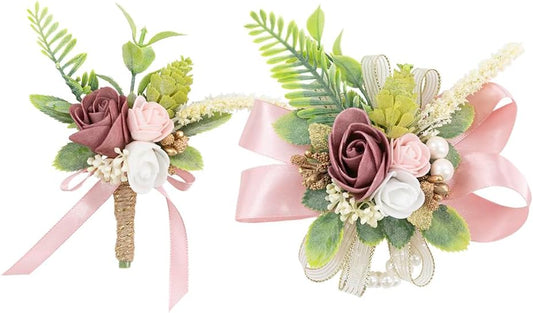 Dusty Rose Corsage and Boutonniere Set Wrist Corsage Wristlet for Prom Groom Flower Pink Boutonniere for Men Wedding Party Homecoming Accessories Suit