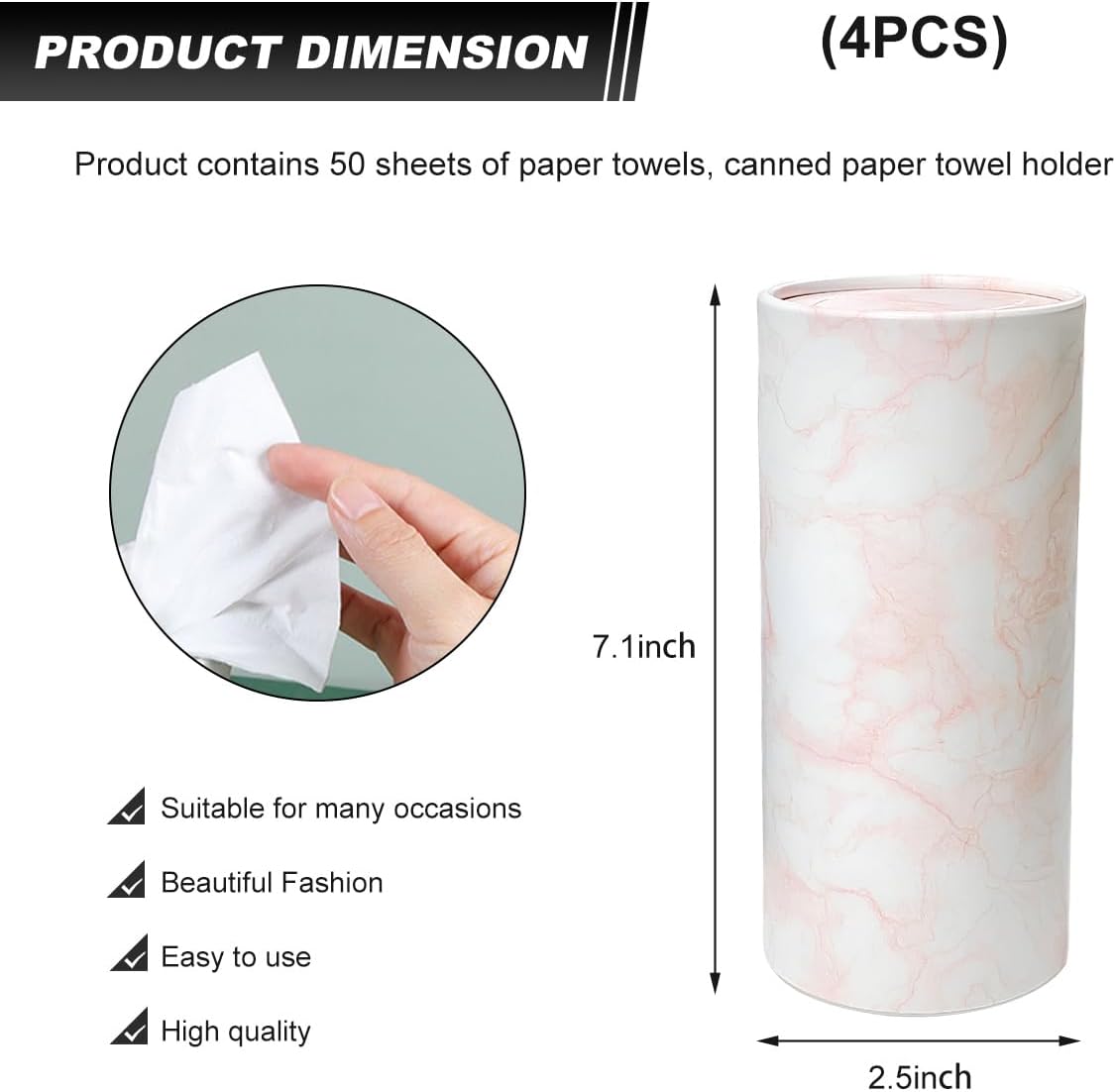 DXNQ 4 PCS Car Tissues Holder, Car Cup Holder Refillable Travel Tissues Tube with Facial Tissues, Portable Cylinder Round Tissue Boxes Container Decor for Car Office Home (Marble Pink)