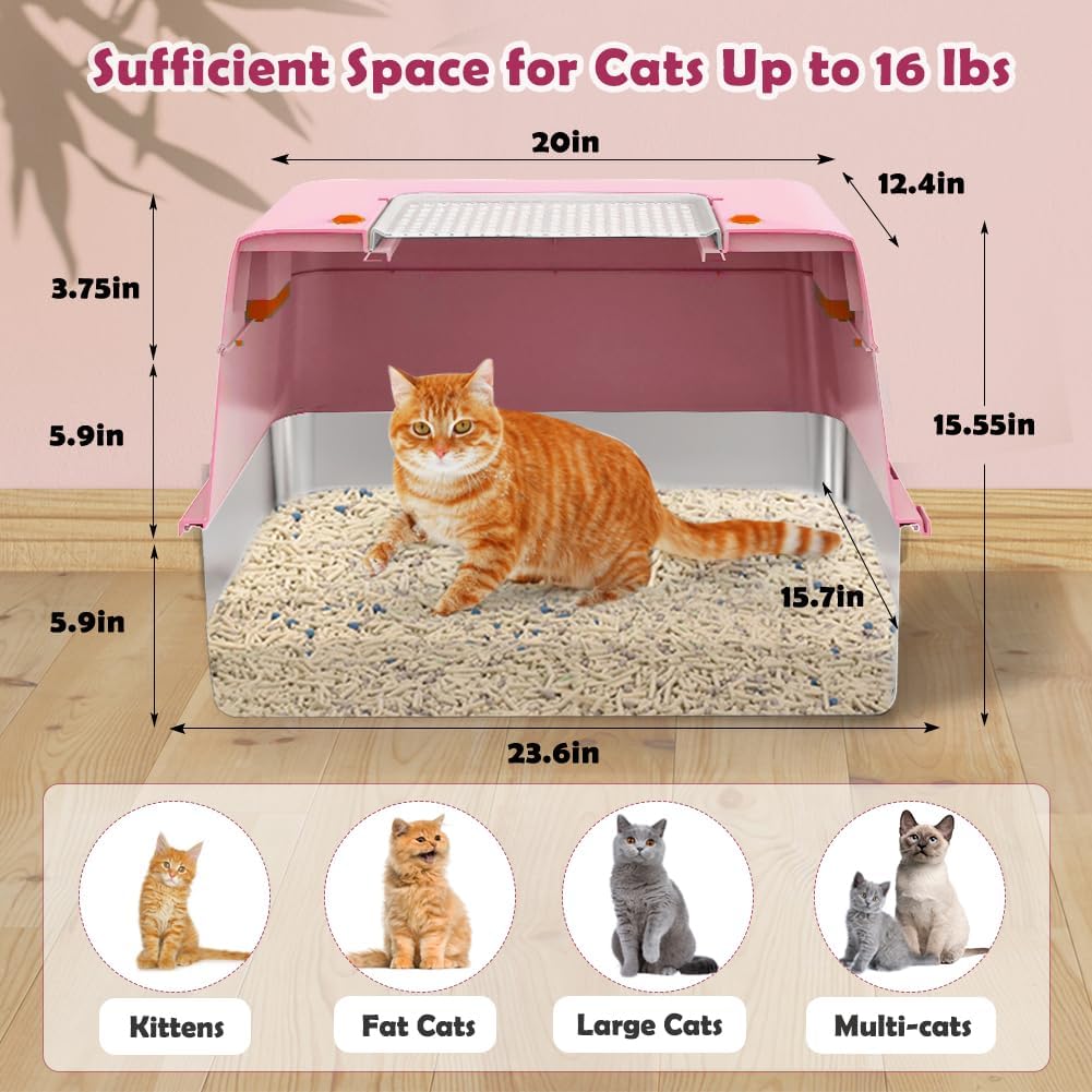 Vivifying Pink Stainless Steel Covered Cat Litter Box – Odor-Control, Easy-Clean Modular Enclosed Kitty Toilet, Elegant Design for Stylish Cat Moms