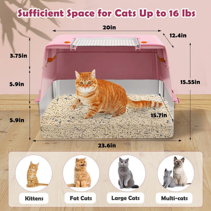 Vivifying Pink Stainless Steel Covered Cat Litter Box – Odor-Control, Easy-Clean Modular Enclosed Kitty Toilet, Elegant Design for Stylish Cat Moms