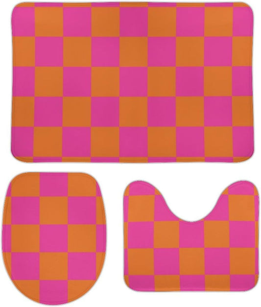3 Pieces Bath Rug Sets, Pink Orange Checkered Pattern Bathroom Mat Set Non Slip U Shaped Contour Rug & Toilet Lid Cover