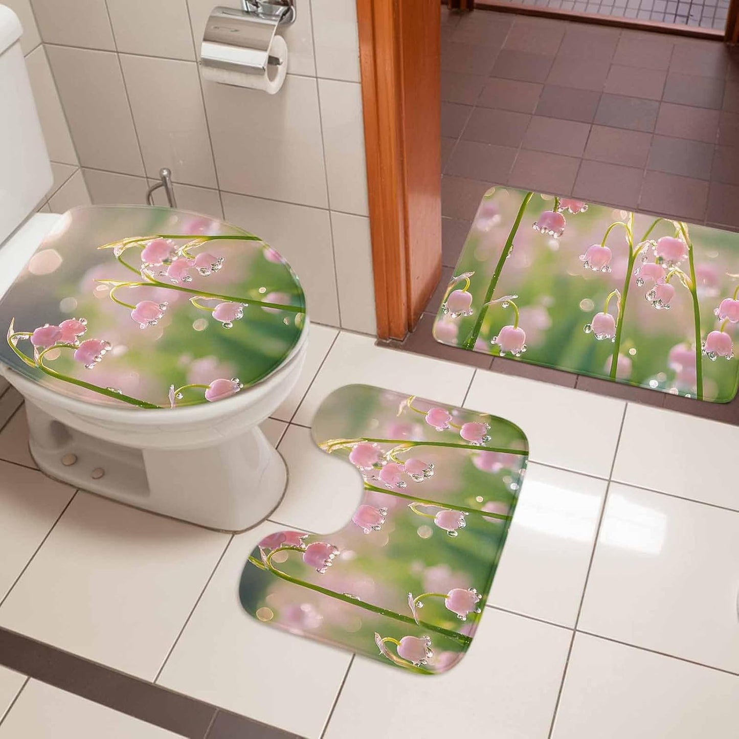 Bathroom Rugs and Mats Sets 3 Piece Pink Flower Bathroom Rugs Set Non Slip Water Absorbent Sunlight Dewdrop Scenery Shower Bath Mats U-Shape Contoured Toilet Mat Lid Cover 20"x31"+16"x18"+16"x20"