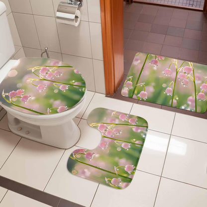 Bathroom Rugs and Mats Sets 3 Piece Pink Flower Bathroom Rugs Set Non Slip Water Absorbent Sunlight Dewdrop Scenery Shower Bath Mats U-Shape Contoured Toilet Mat Lid Cover 20"x31"+16"x18"+16"x20"