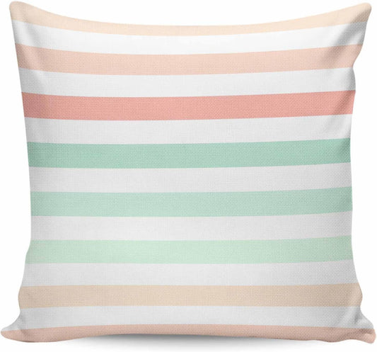 Throw Pillow Covers 18 x 18 Inch, Peach Pink Green Ombre Cotton Linen Pillows Cases, Farmhouse Stripe Modern Square Cushion Covers for Couch Sofa Bed
