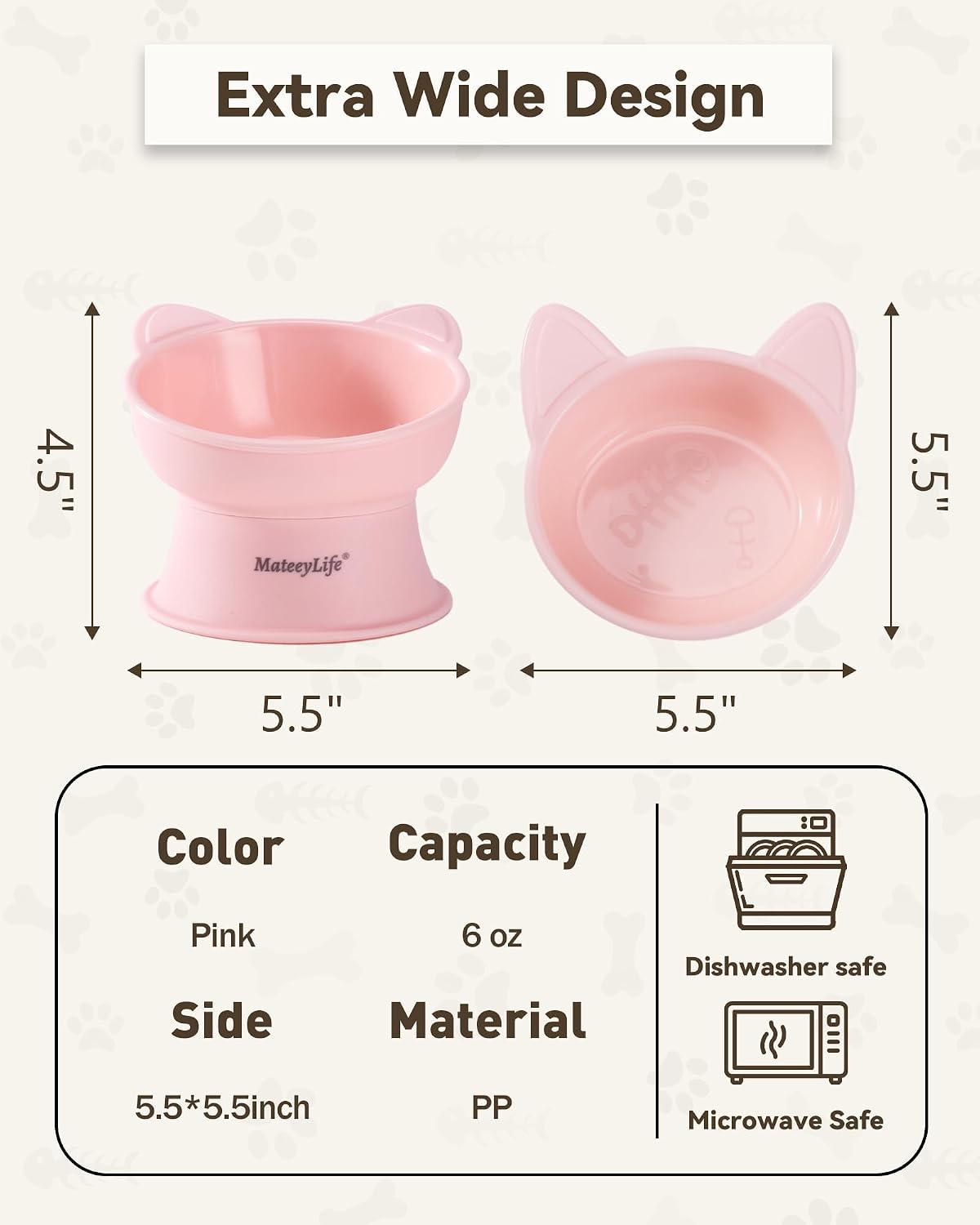 MateeyLife Raised Cat Bowls, Cat Food Bowl Elevated for Kittens & Small Dogs, 15°Tilted Protect Pets' Neck and Anti Vomiting, Whisker Friendly Food & Water Feeding Bowl, 6 oz Each - Pink
