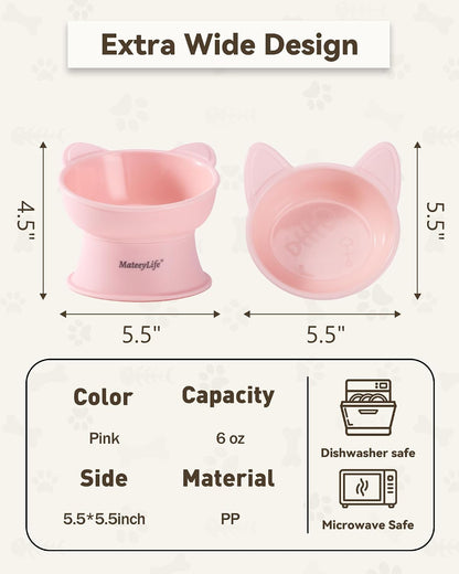 MateeyLife Raised Cat Bowls, Cat Food Bowl Elevated for Kittens & Small Dogs, 15°Tilted Protect Pets' Neck and Anti Vomiting, Whisker Friendly Food & Water Feeding Bowl, 6 oz Each - Pink