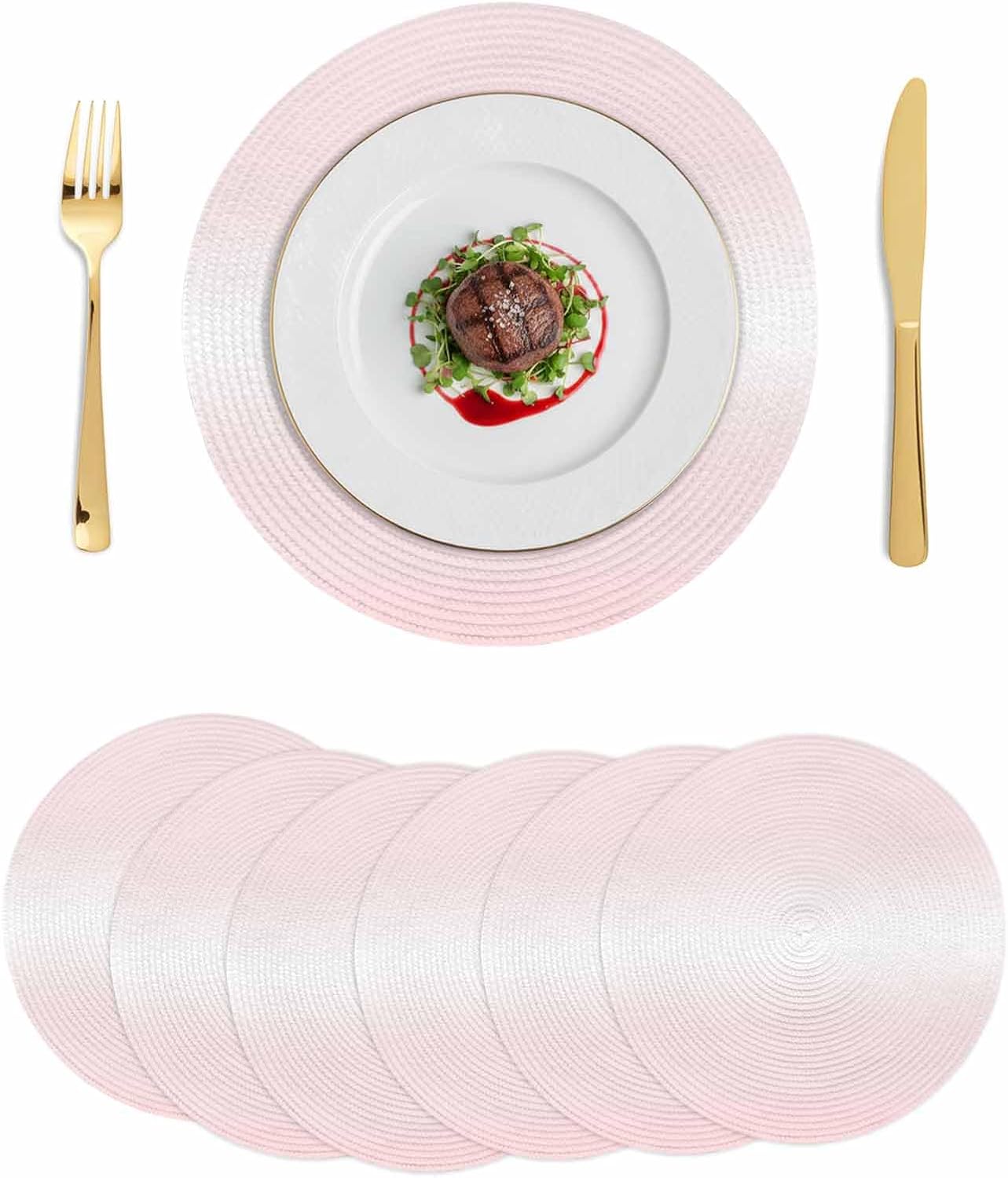 Round 13'' Placemats Set of 6, Pink Ombre HeatResistant Polypropylene Placemats, Aesthetic Art Farmhouse Gradient Pink Washable Woven Braided Place Mats for Dining Table, Non Slip Kitchen Table Decor